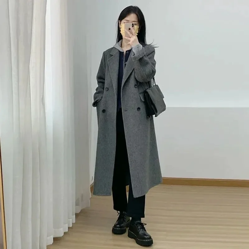 High end Gray double-sided woolen coat women's 2025 Autumn Winter New Temperament Double row button Woolen Coats Long Overcoat