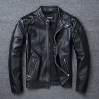 Capa superior de piel de vaca ajustada con cuello levantado, traje de motocicleta, chaqueta de cuero para hombre, chaqueta de cuero vacuno suave de talla grande a la moda
