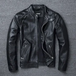 Top Layer Cowhide Slim Fit Stand Collar Motorcycle Suit Men's Leather Jacket Soft Cowhide Large Size Jacket Fashion