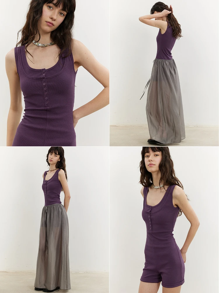 ชุดบอดี้สูท SOLWEIGE Sli Tee-Quarter Sve แบบมีกระดุมสองชั้น ดีไซน์คอวีขนาดใหญ่ แฟชั่นฤดูร้อน