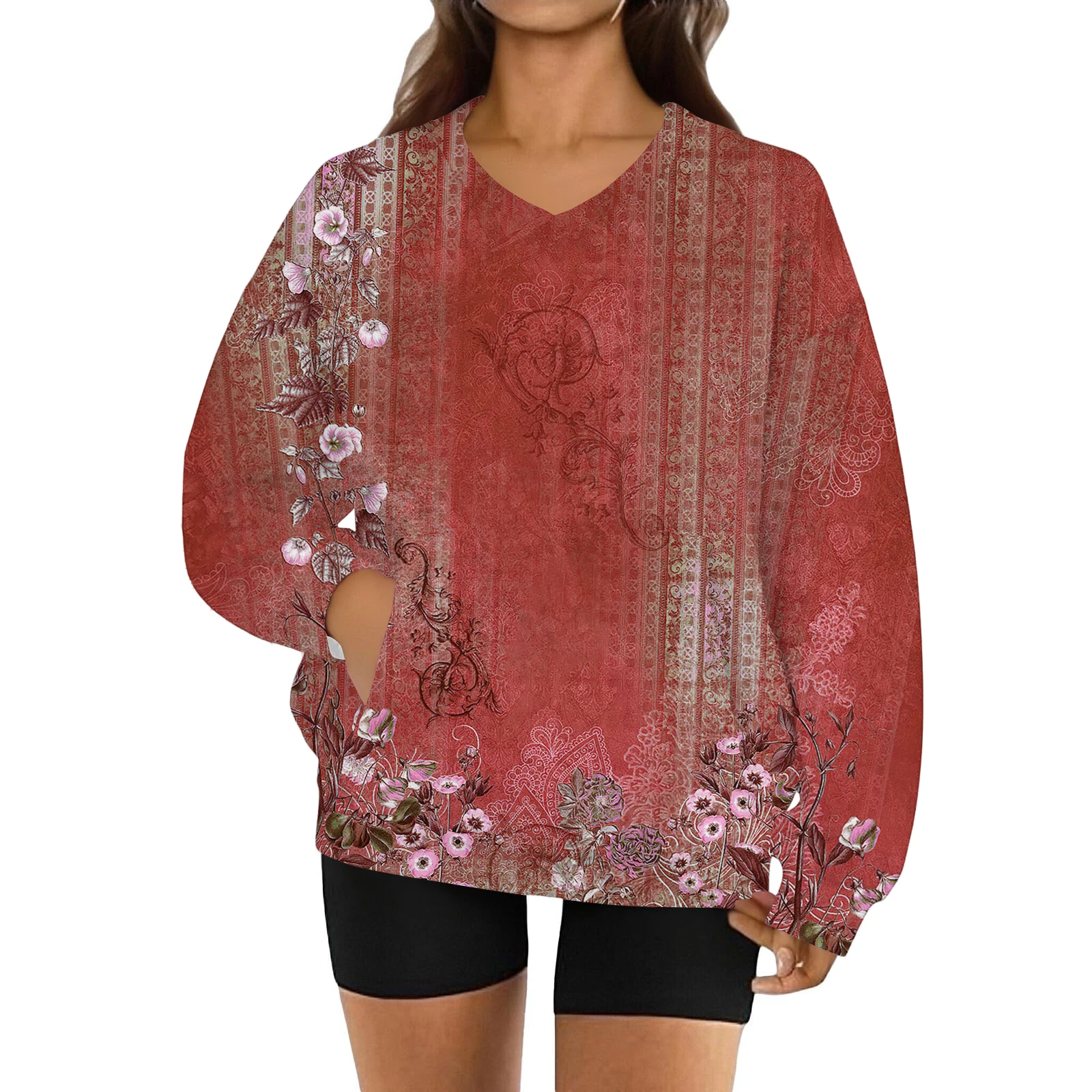 المرأة الموضة الرجعية الأزهار طباعة طويلة الأكمام الخامس الرقبة البلوز هودي للإناث الخريف الملابس جيب هوديس متعدد الألوان Unis #1