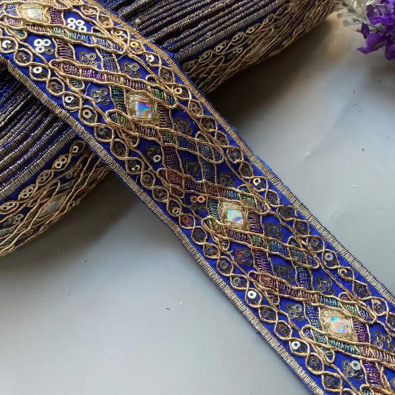 

2 Yards 4.3cm Blue Sequin Embroidery Lace Ribbon DIY Sewing Trims Craft Ethnic Strand Embroidery Clothing Collar Accessories