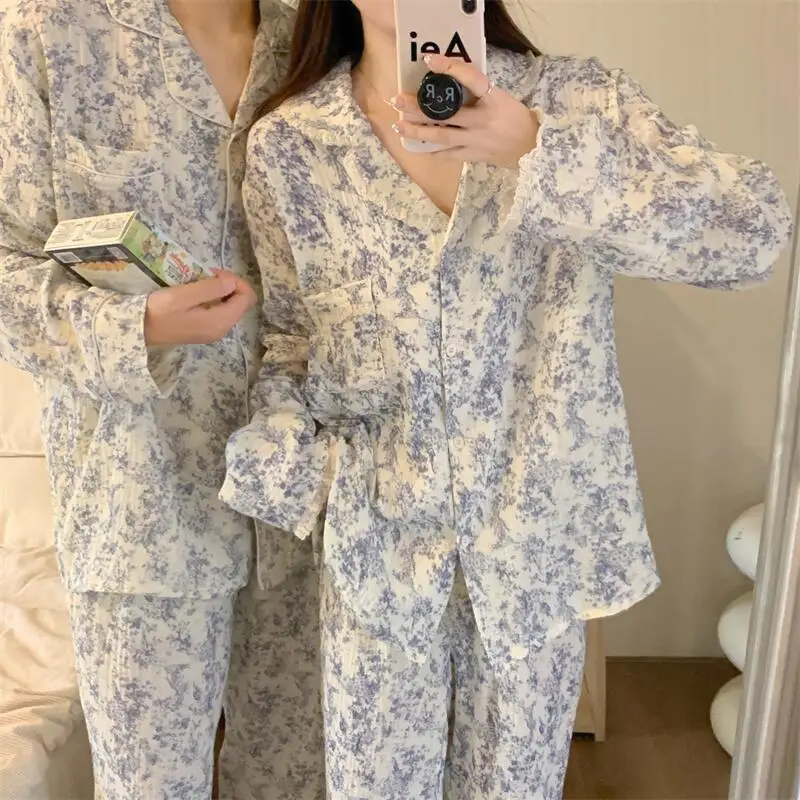 Lover Pajamas Set Spring Autumn Long Sleeve Pijamas Suit Sleepwear print Flower Couple Nightwear Loose Cotton Home Wear