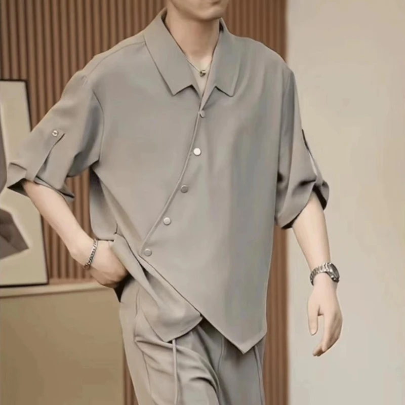 

Shirts Pants Suits for Men Khaki No Logo Man Trousers Sets 2025 Trend Kpop Elastic Outfits Basic Fashion Short Quarter Sleeve