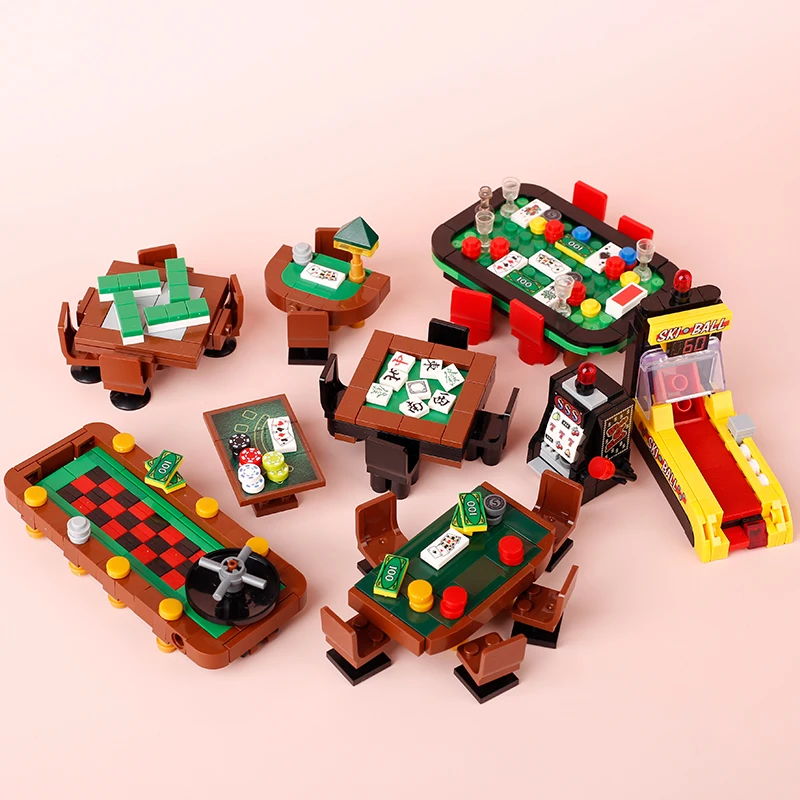 MOC City Game Station Building Blocks Slot Machine Chess Card Table Mahjong Table Mini Bricks Model Miniature Dollhouse Kids Toy