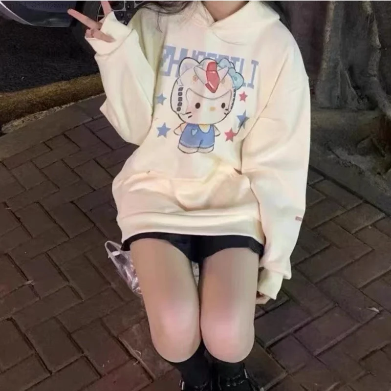 Sanrio Hello Kitty Yk2 Gothic Hood Top Youthful Woman Clothes Winter New Oversize Pullovers Punk Trendy Korean Style Campus Tops