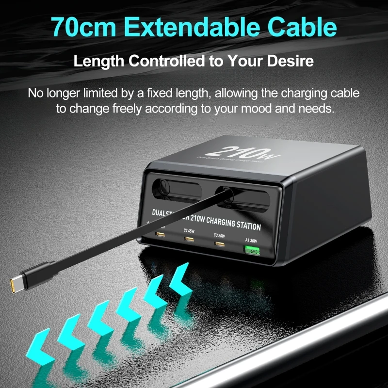 210W Fast Charging Charger with Retractable Cable Tablet and Phone Charger All-in-One Power Hub for Office and Home