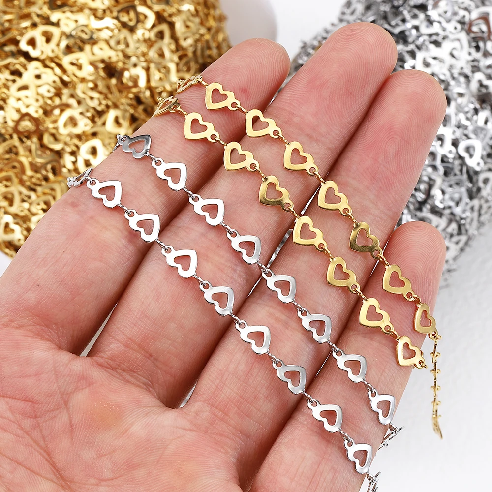 Catene in acciaio inossidabile con cuore d'amore da 2 metri e 1 metro, catena a maglie scavate color oro per collana, braccialetto, creazione di gioielli fai da te