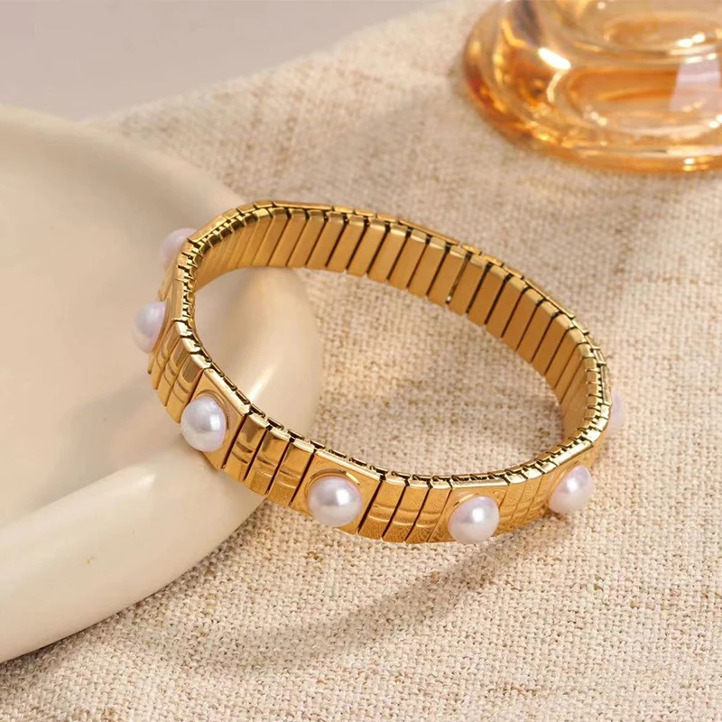 Loe| Korean Fashion Elastic Pearl Bracelet. Stainless Steel .Casual Sport Jewelry. New 2024