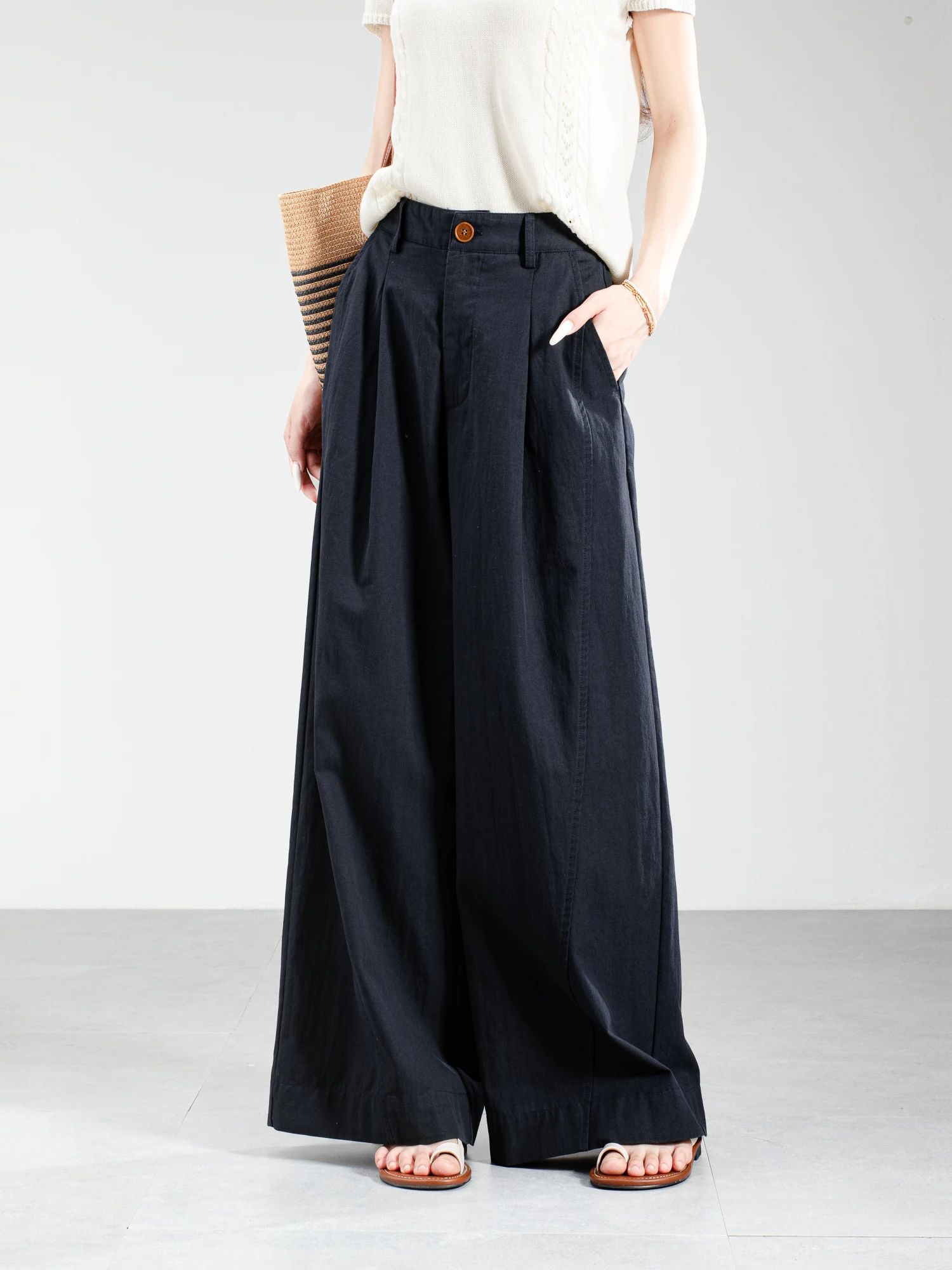 

Casual Loose Wide Leg Pants Women's Spring Summer Loose Fit Straight Cut Cotton Pants High Waist Elastic Waistband