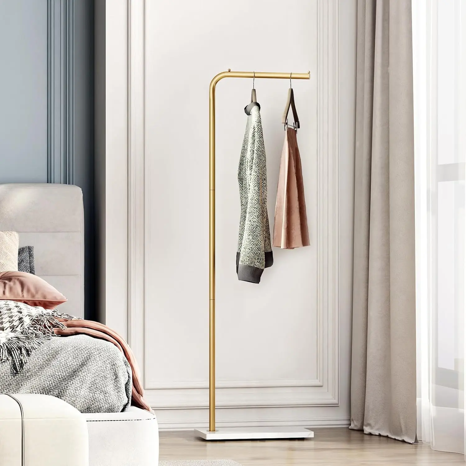 

Metal Gold Coat Racks, Standing Coat Rack with Heavy Base, Modern Coat Tree with Crossbar and 3 Hooks, Entryway Coat Rac