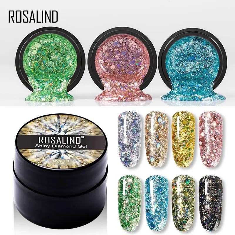 ROSALIND 5ml เงาเจลเล็บภาพวาดเล็บ Vernis กึ่งถาวรเพชร Glitter UV เล็บเจล Top Coat เล็บ