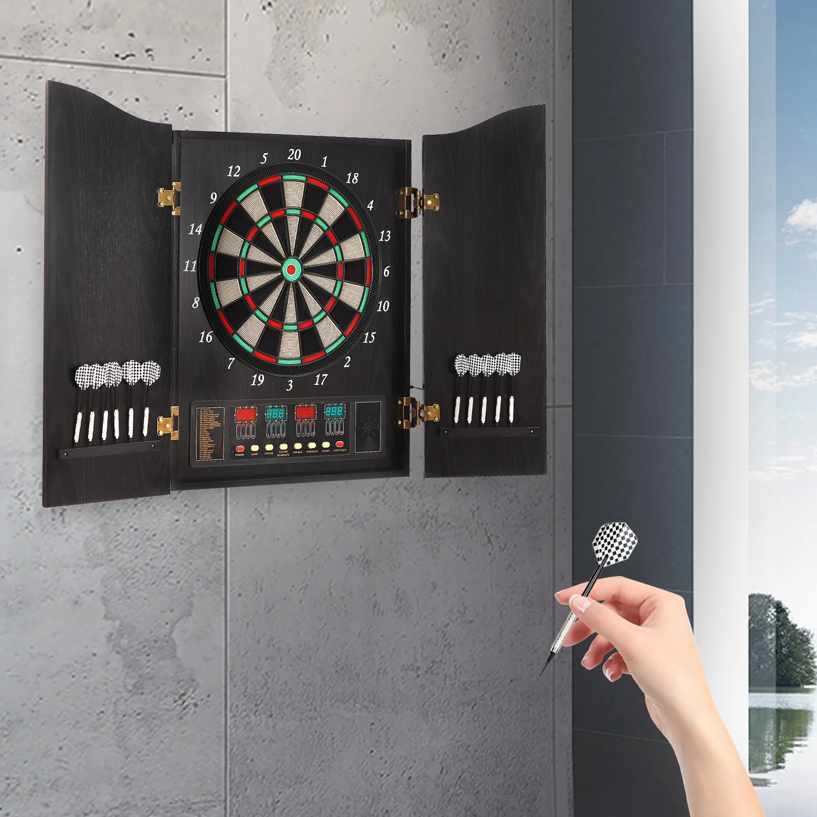 

Electronic Decorative Dartboard Machine, Up To 16 Players, 27 Categories and 243 Sub-categories of Darts Games with 12 Darts
