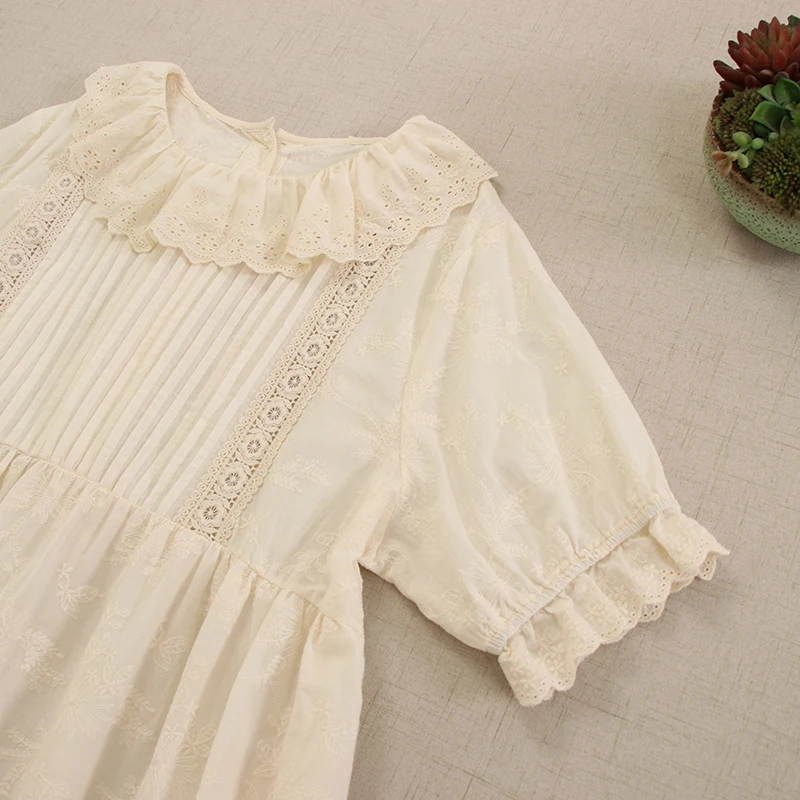 Japanese Sweet Mori Girl Embroidery Ruffle Collar Cotton Midi Dress Women Kawaii Summer Short Sleeve Casual Loose Long Dresses