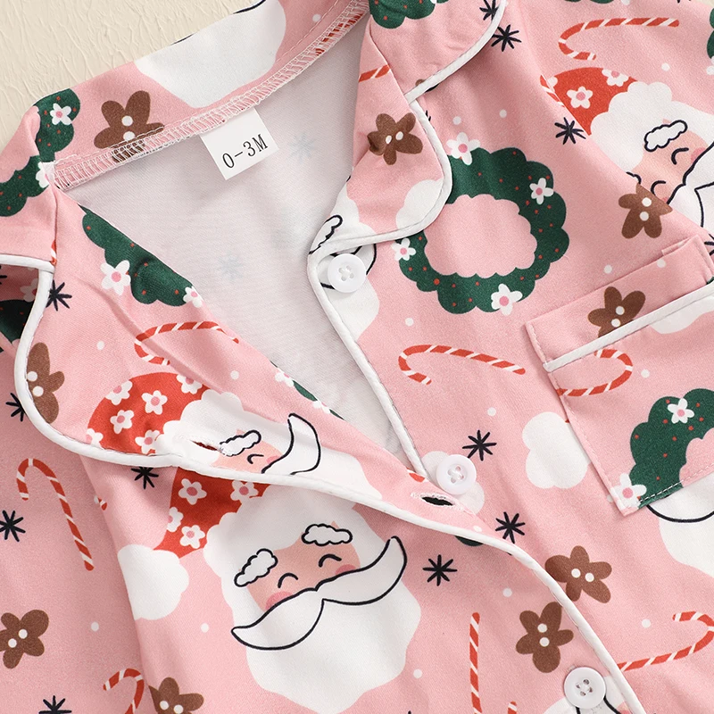 Kids Girls Christmas Pajamas Santa Claus Print Button Long Sleeves Jumpsuit for Loungewear Sleepwear