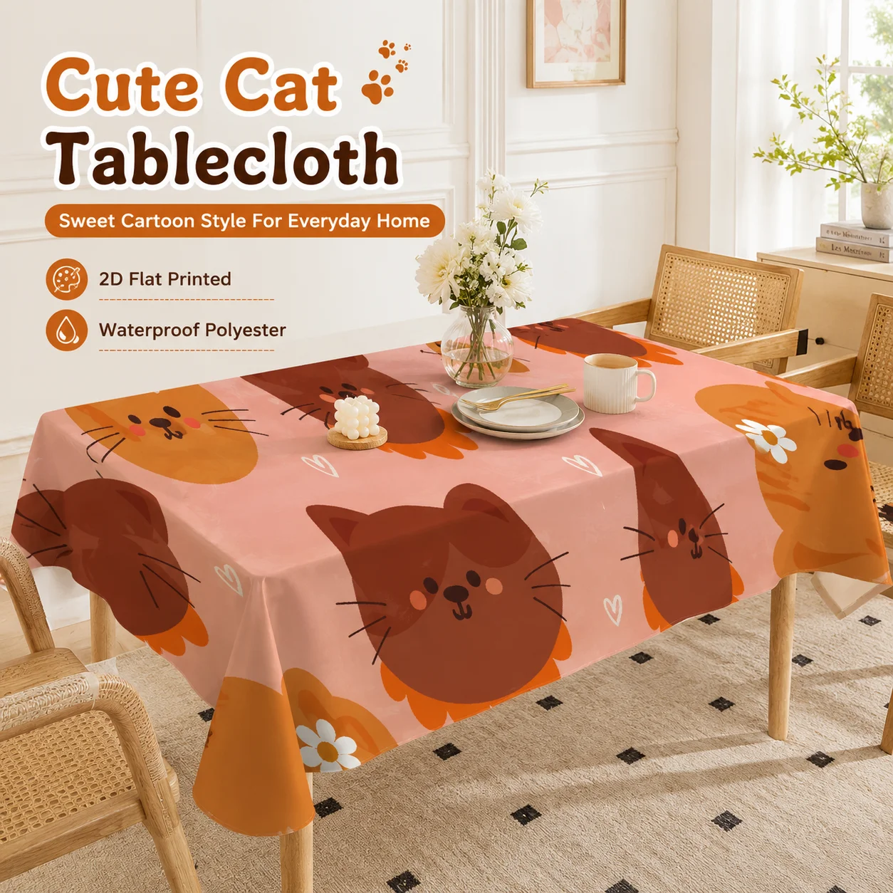 

Cute Cat Tablecloth Waterproof Polyester 2D Flat Printed Picnic Blanket Camping Table Cover Kitchen Dining Decor Party Supplies