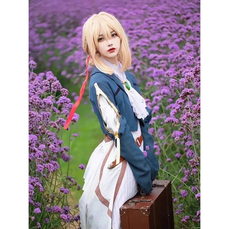 Disfraz de Violet Evergarden de Anime, disfraz de Violet Evergarden, peluca completa, guantes, vestido elegante de princesa, fiesta de sirvienta, baile de Halloween
