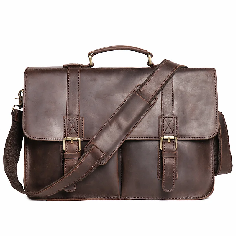 Natural Leather Men's Dark Brown Briefcase Vintage Portfolio Handbag Fashion Satchel Messenger Bag Office Laptop for Men