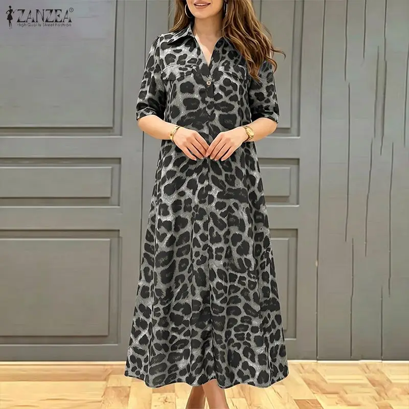 Stylish Leopard Printed Dress ZANZEA Women Summer Sundress Lapel Neck Short Sleeve Midi Robe Casual Baggy Work Dresses Oversize
