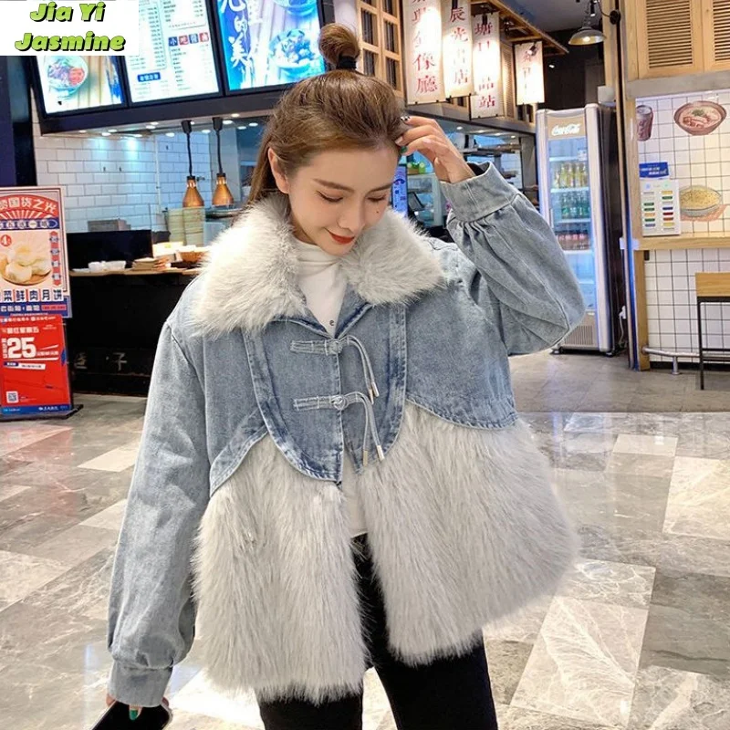 Fur 2024 Winter Fashionable Plush Thick Cowboy Splicing Retro Loose Warm Cotton Clothes Cotton Clothes