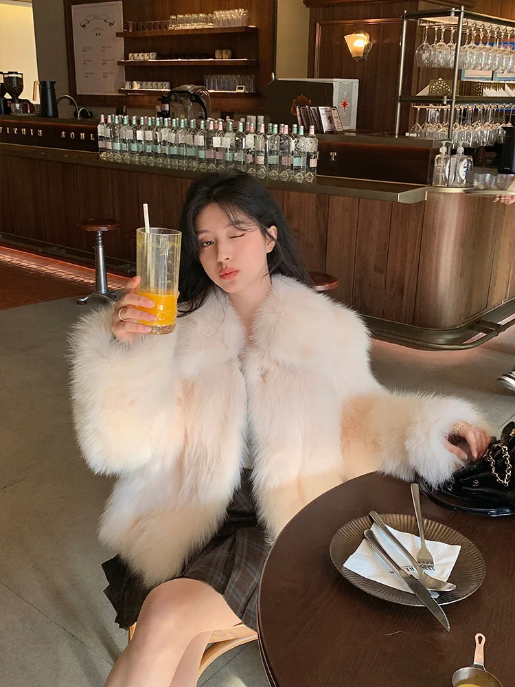 Women Faux Fox Fur Coats Solid Short Jackets Long Sleeves Turn Down Collar Open Stitch Loose Elegant Casual 2026 Autumn Winter
