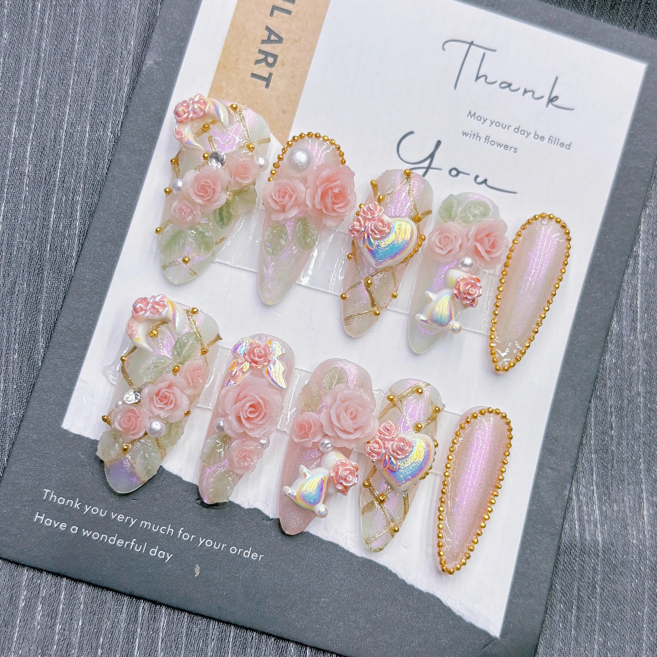 Blush Rose Dream Press on Nails Hand Sculpted 3D Resin Roses Holographic Accents Gold Beads Lightweight ABS Resin