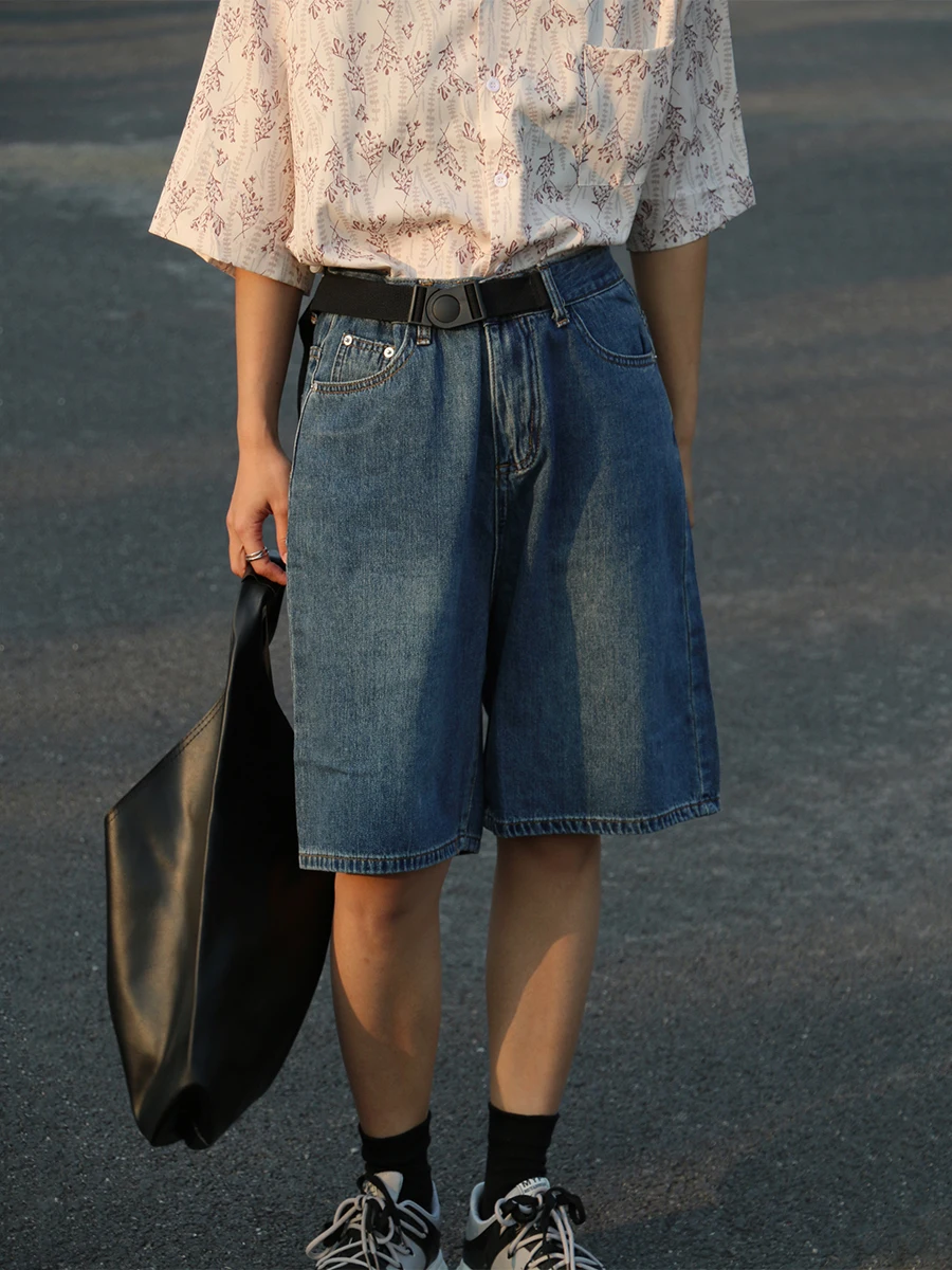 

Retro Blue Loose Wide Leg Jeans mid Waist Belt Design Summer Casual Straight Cut Slimming Workwear Five-Quarter Length