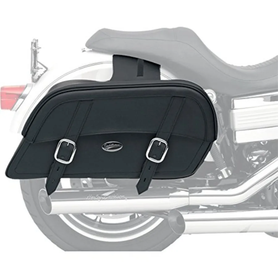 Motorcycle saddle bag for touring, durable polyester, black, extra jumbo size with throw-over design and slanted fit