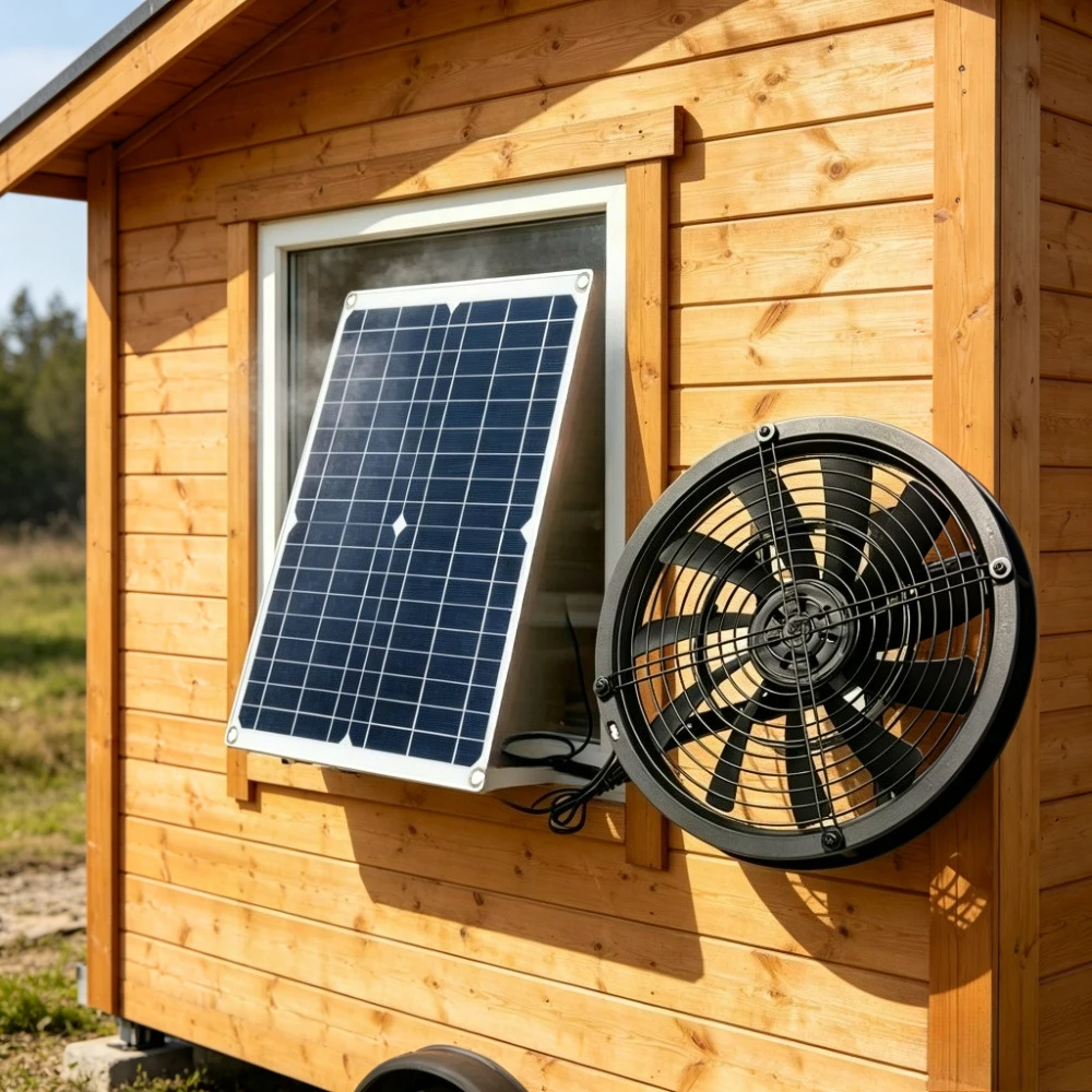 

Solar Exhaust Fan 15W 25W Kit with Waterproof Design for Greenhouse Chicken Coop Dog House RV Shed Outdoor Ventilation