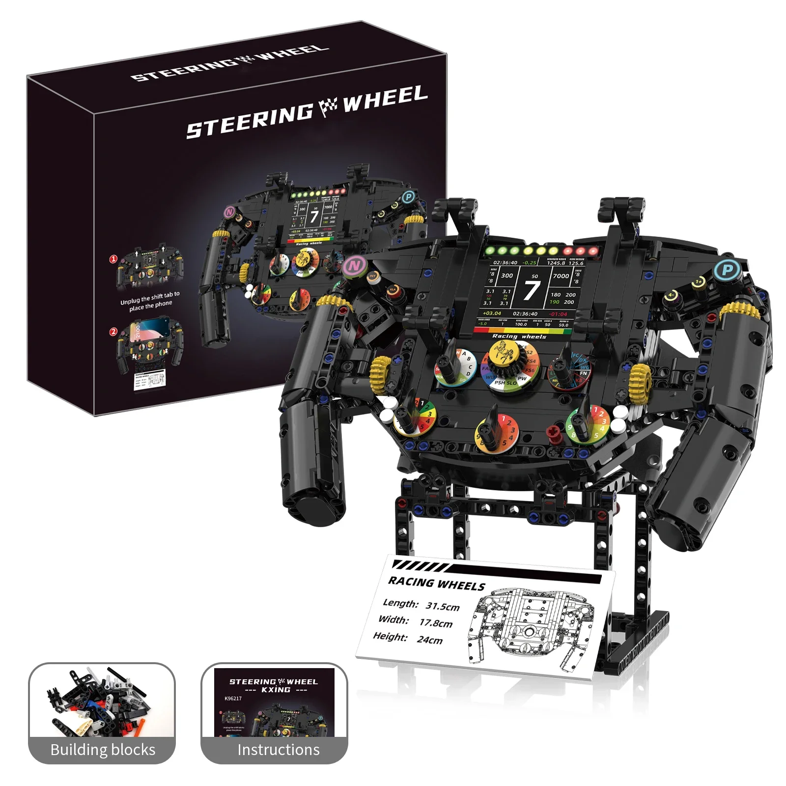 Bloc de construction de modèle de volant de voiture créatif, assemblage pour garçons avec support de téléphone, ornements de collection, briques MOC, jouet cadeau, 96217