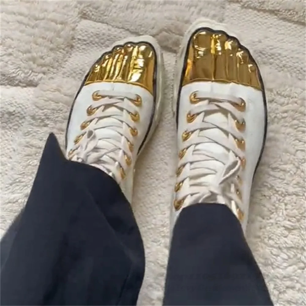 Gold Five Fingers Lace Up Canvas Shoes Men 2026 New Designer High Top Metal Toe Flat Bottomed Casual Shoes Runway Style Sneakers