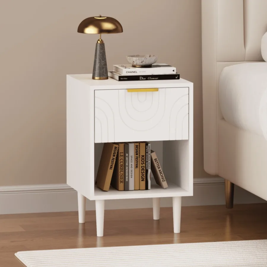 

Modern White Nightstand with One Drawer and Open Shelf Ideal for Bedroom Decor