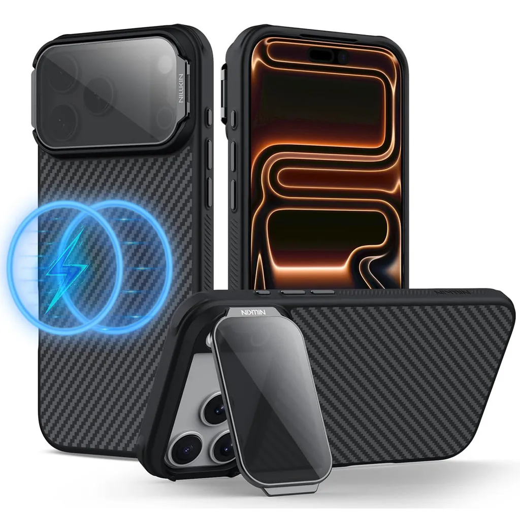 

Магнитный кевларовый арамидный чехол Nillkin из углеродного волокна для iPhone 17 Pro Max с защитной подставкой для камеры