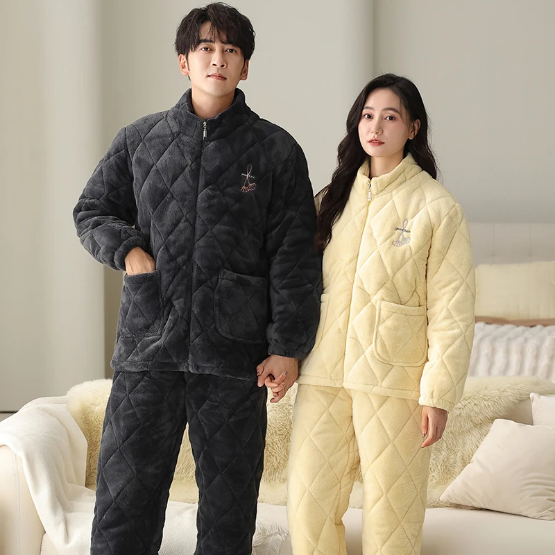 

Winter Couple Pajamas Set Thick 3 Layer Pyjama Knited Cotton Quilted Pijama Women and Men Home Clothing
