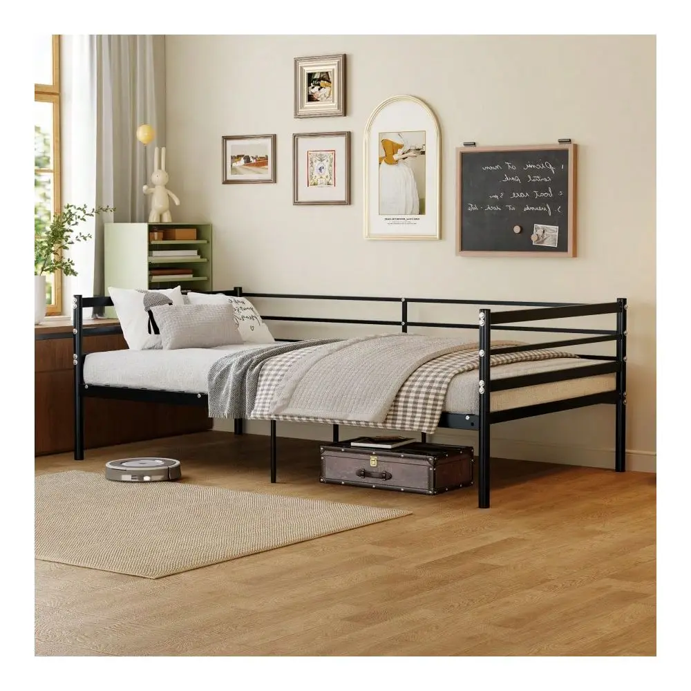 Loft Bed, SurroundAround SofaStyle Metal Bed, 11.8Inch Safety Guardrail, SpaceSaving, Black. Bed Frame Platform Bed Bed Base