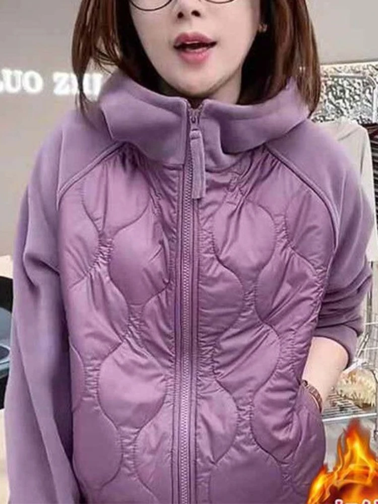 Autumn Winter Women's New Hooded Sweatshirt Thickened Hoodie Outerwear Color Block Zipper Warm Windproof Multi-color Jacket