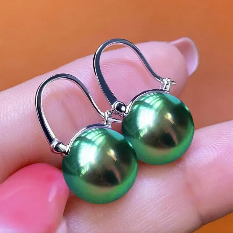 

Pair of Natural 13mm White Gold Purple Green Black Perfect Round Pearl Earrings, Wedding Gift, Free Shipping, Jewelry 6399AAA