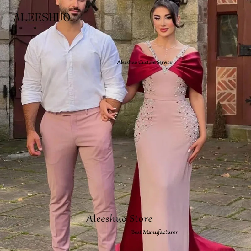 Aleeshuo Luxury Arabic Pink Burgundy Mermaid Evening Dress Beading Appliques Spaghetti Strap Formal Women Prom Party Gowns 2024