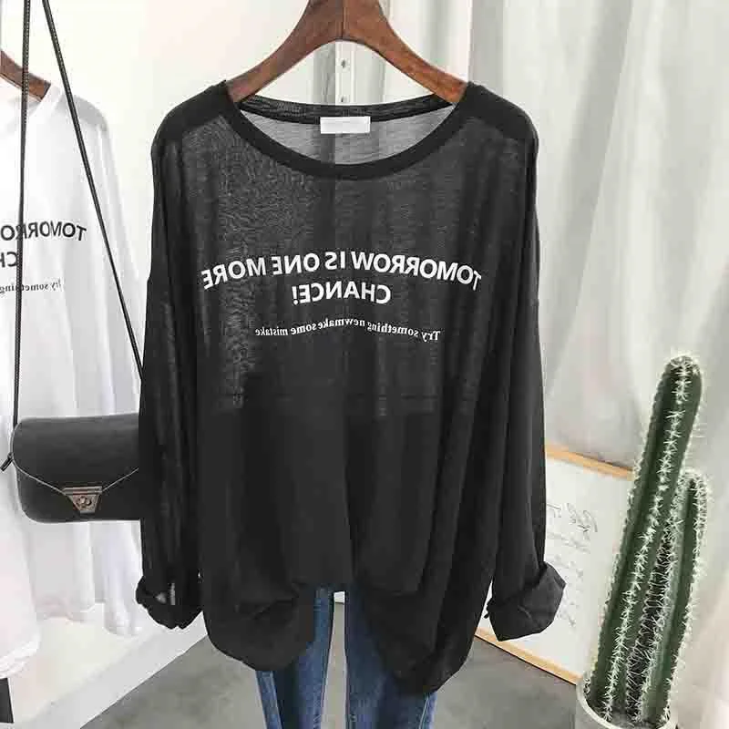 plus Size Sun Protection Long Sleeve T-Shirt Loose Knitted Ice Silk Thin Air Conditioning Top Women's Fashion Summer Shirt
