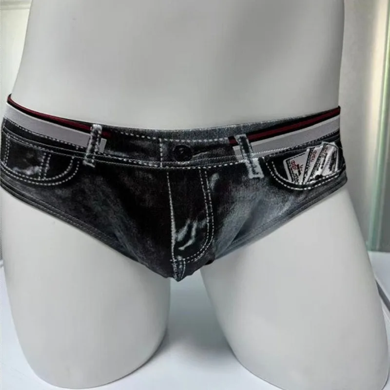Imitating Denim Print Men's Sexy Briefs Ice Silk Triangle Underwear Swimwear Low Waist Smooth Male Shaping Swimsuit Butt Lift