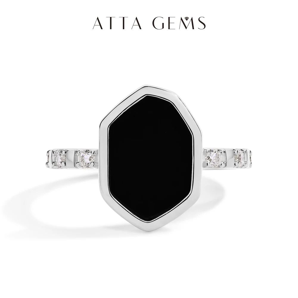 

ATTAGEMS Hexagon Black Onyx Rings for Women Men Moissanite Side Edge S925 Silver 18K White Gold Plated Party Daily Jewelry Gifts