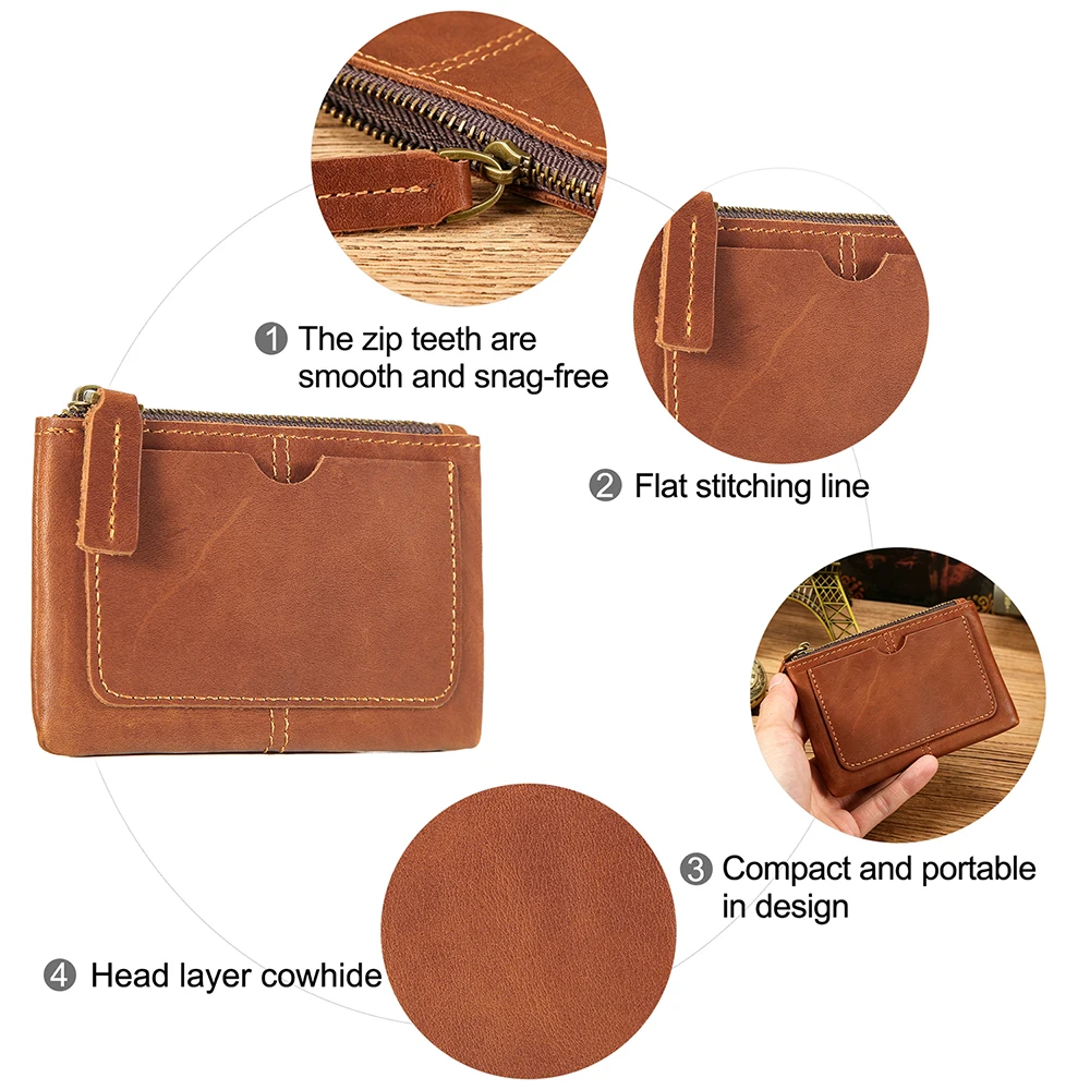 Vintage Genuine Crazy Horse Leather Coin Wallet Men Small Zipper Wallet Card Holder Cash Coin Purse Top Grain Leather Brown