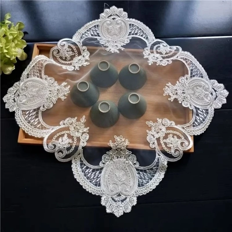 HOT Luxury European Lace Embroidered Fruit Plate Dessert Tea Table Decoration Cloth Coffee Cup Placemat Hotel Restaurant Coaster