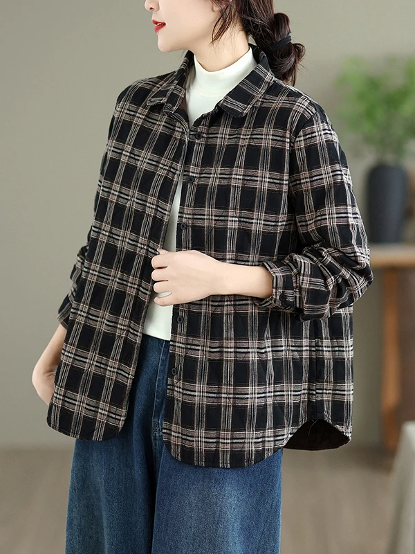 Retro Pure Cotton Plaid irt Women's Loose Fit Casual Long Sve Outerwear Autumn New Sle Slimming Versatile Coat