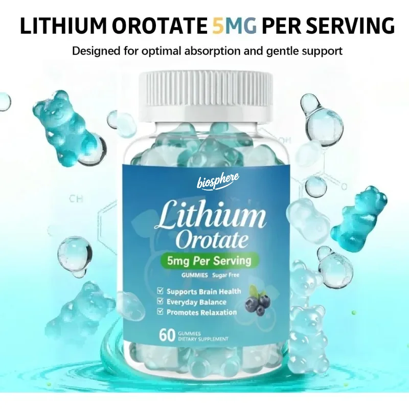 5mg lithium orotate gummies, cognitive health supplement, vegan, blueberry flavor, 60 gummies