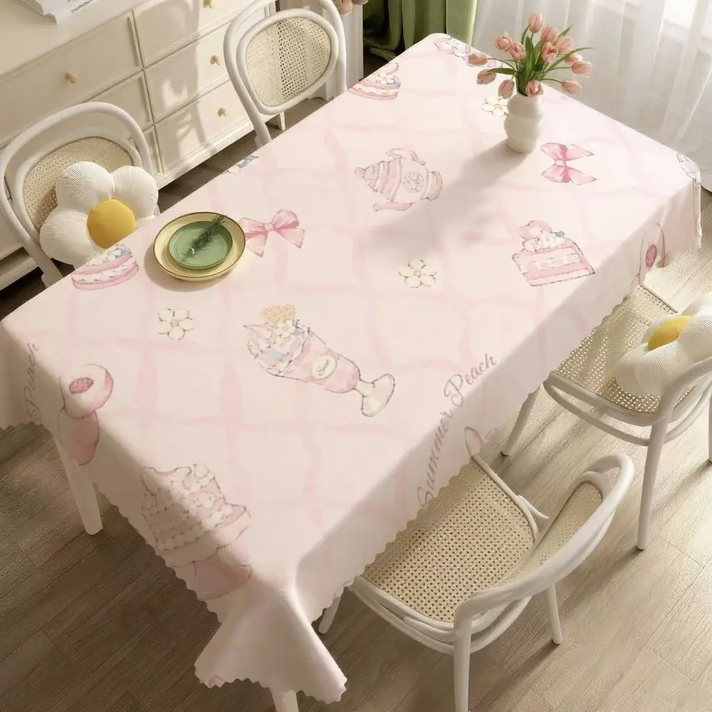 Kawaii Peach Dessert Tablecloth, Cute Pink Cake Ice Cream Table Cover, Aesthetic Y2K Dining Room Decor, Waterproof Oilproof Tabl