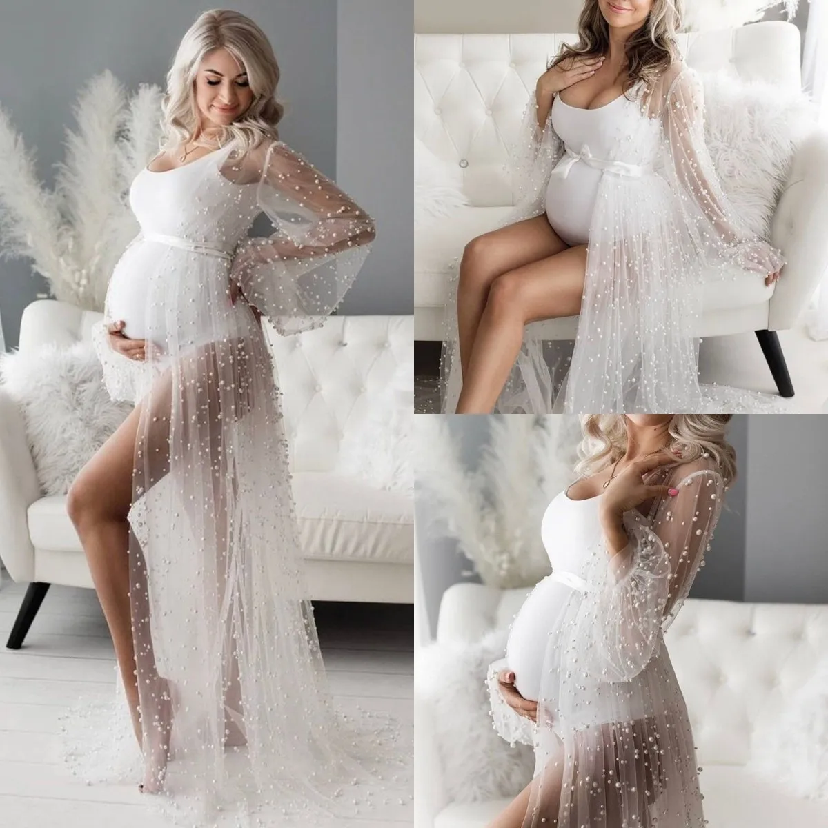Soft Tulle Pearl Wedding Bridal Overdress Boudoir Robe Maternity Robe Wedding Robe Pearl Transparent Robe Boho Bride