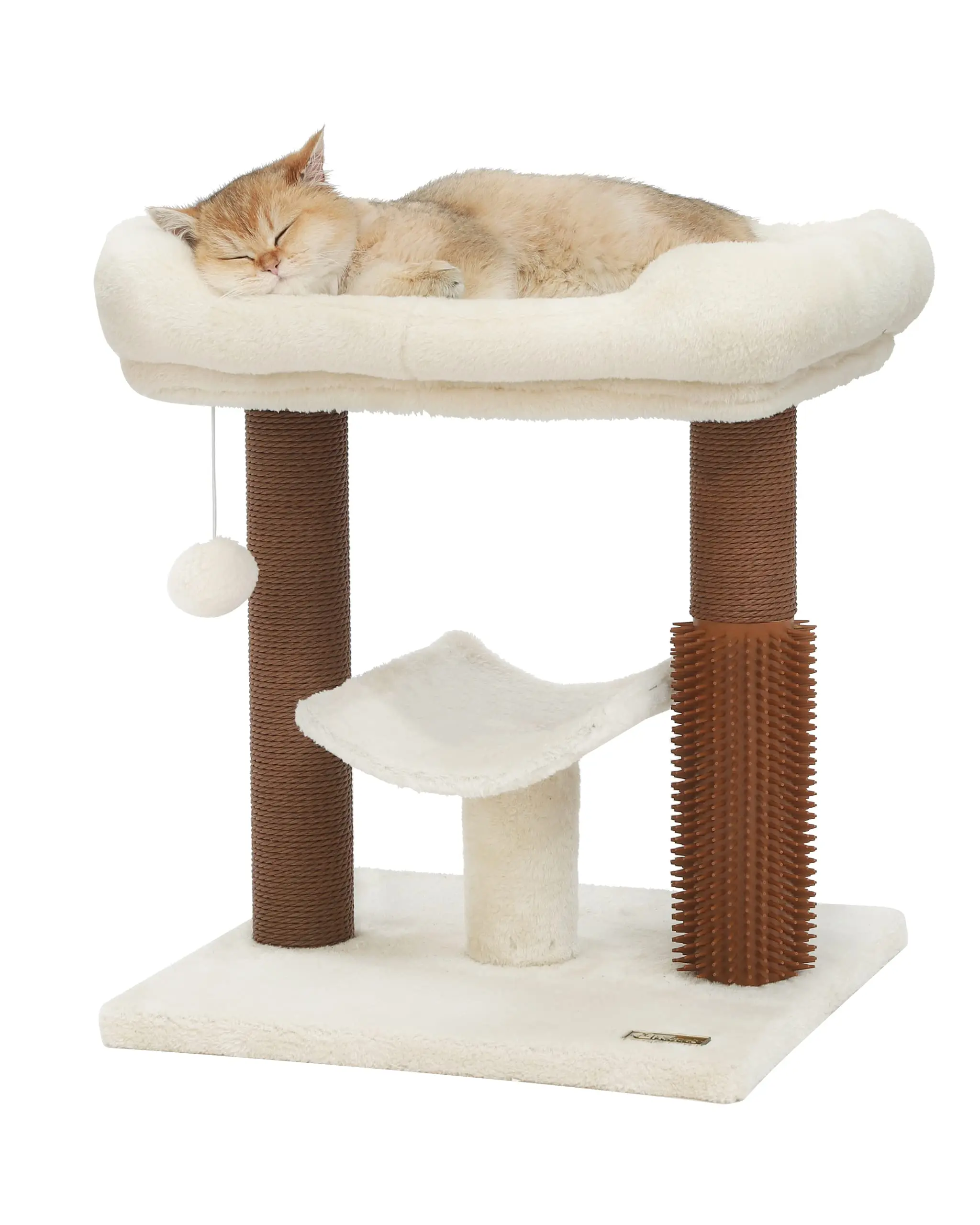 

Custom Luxury Small Cat Tree Tower Cat Scratching Post 4-In-1 With Cat Self Groomer Brush 20" Tall Natural Sisal Scratcher Bed
