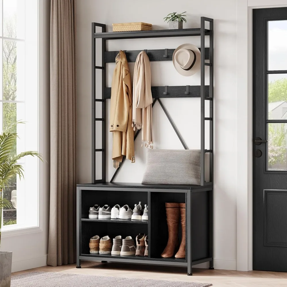 

Tree with Bench and Coat Rack, 36.41 Entryway Shoe Bench with 17 Hooks, Drawers and Top Shelf, 5-In-1 Freestanding Storage