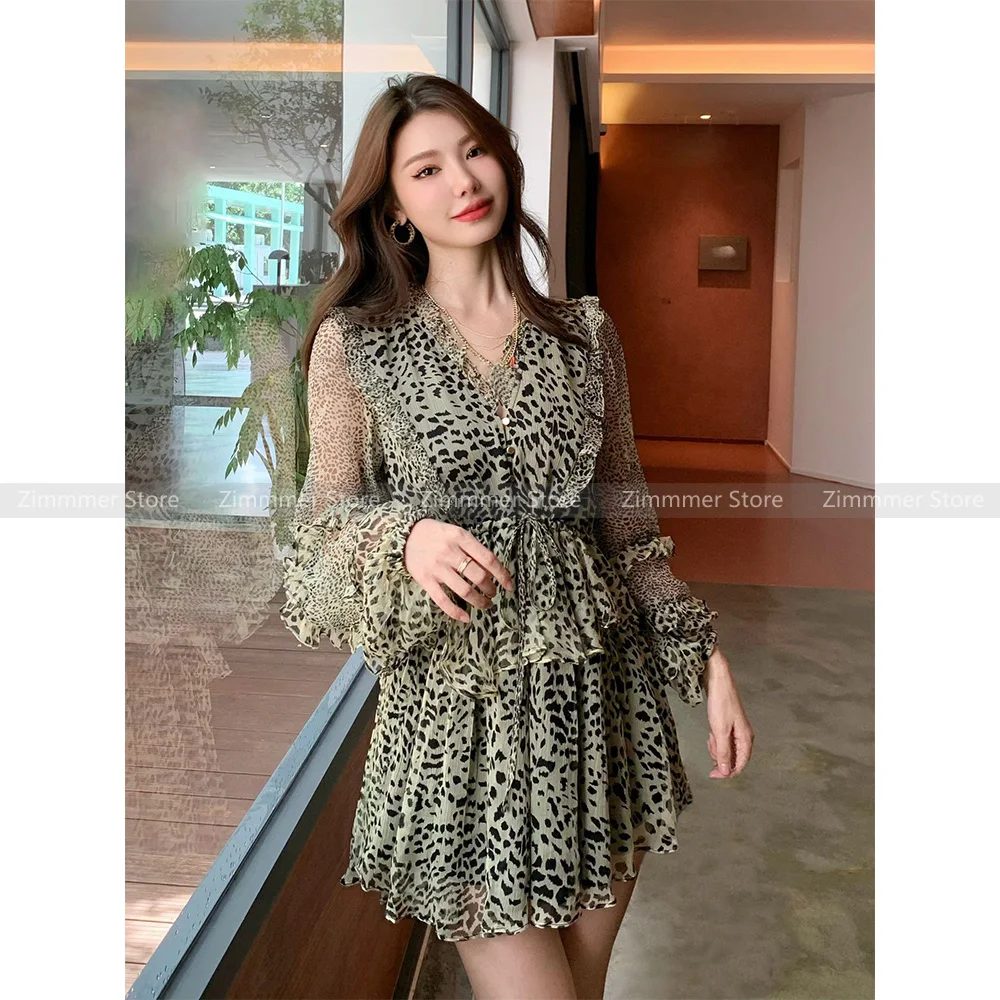 

Retro V-neck drawstring leopard print waist lantern sleeve ruffled dress short dress 2024 early autumn new